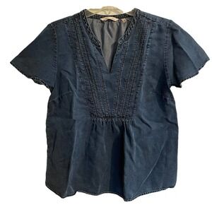 Soft Surroundings Small Tencel Denim Top Blue Short Sleeves Babydoll Pul…